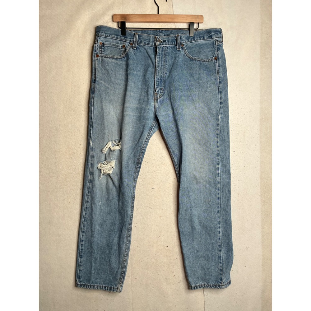Levis 505 Regular Fit Straight Leg Light Wash Distressed Jeans Mens 40x32